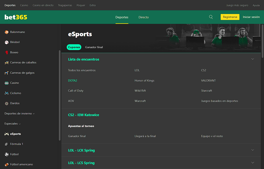 Sección de apuestas a eSports de Bet365