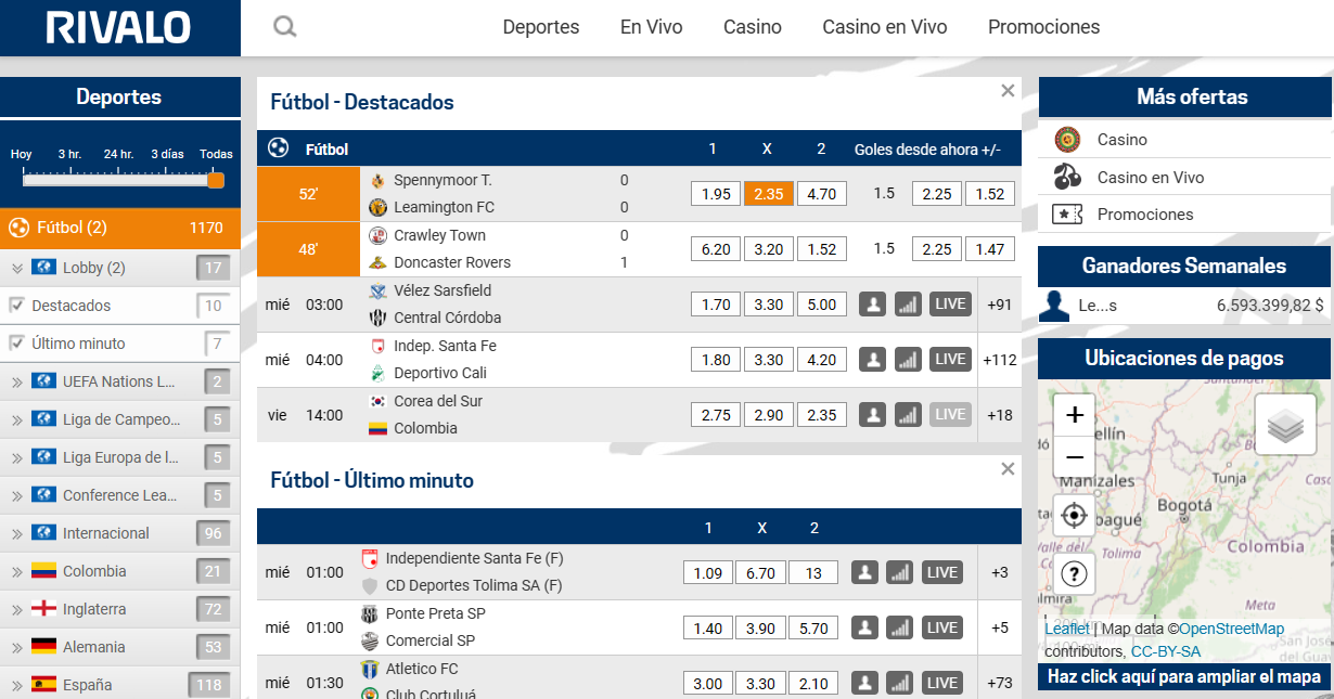 Página que muestra una apuesta simple de doble oportunidad en un partido de fútbol colombiano