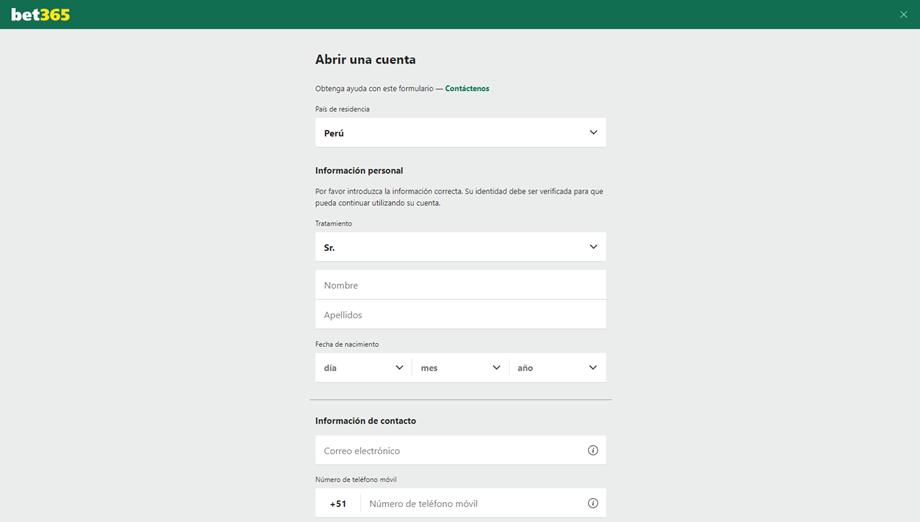 Muestra los primeros campos en el registro de Bet365 Perú