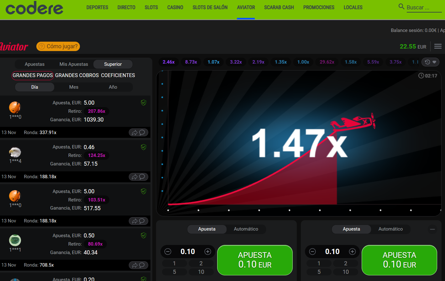 imagen del juego de aviator codere en acción