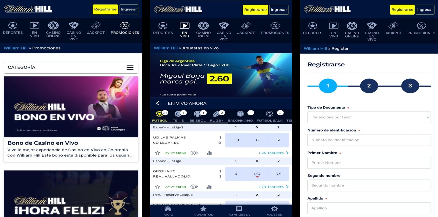 Interfaz principal William Hill versión móvil, bono en vivo, apuestas en vivo, menú de registro