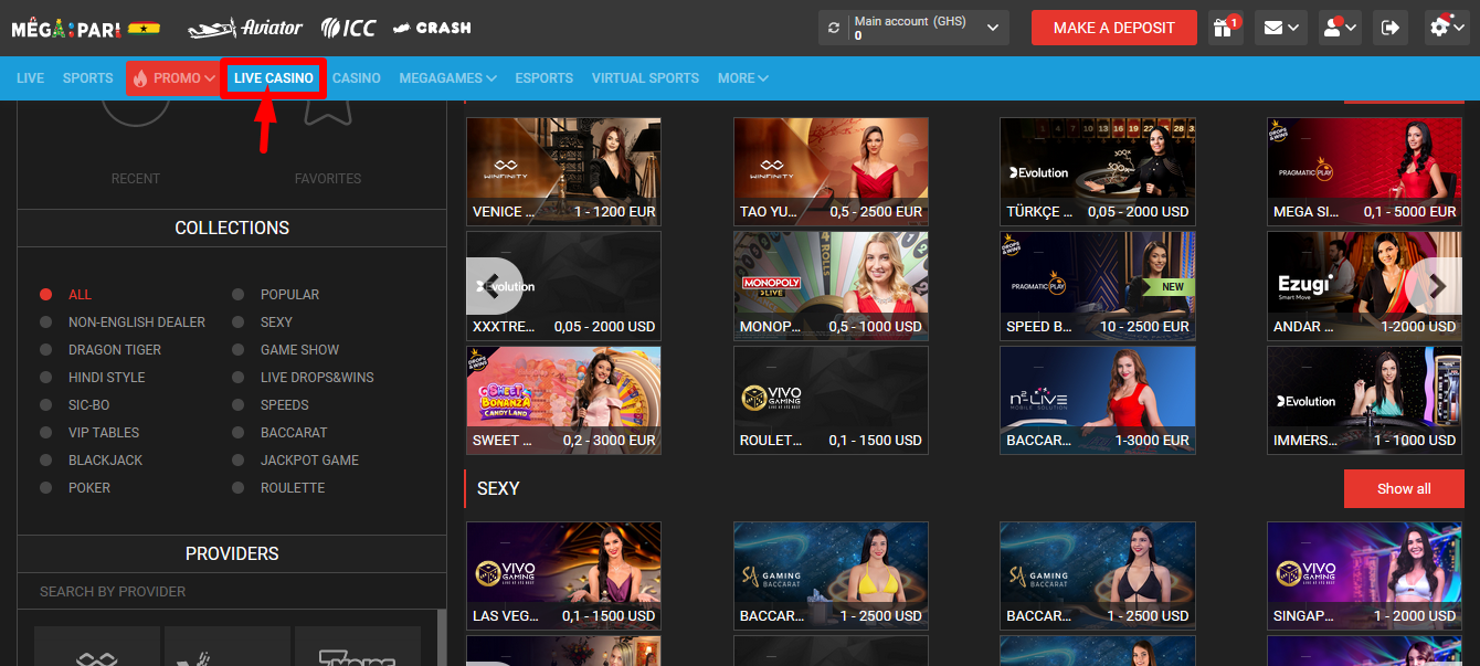 Image of Megapari Ghana Live Casino page