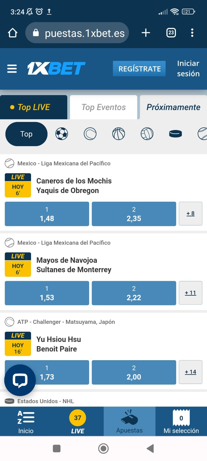 Imágenes de la versión app de 1xBet