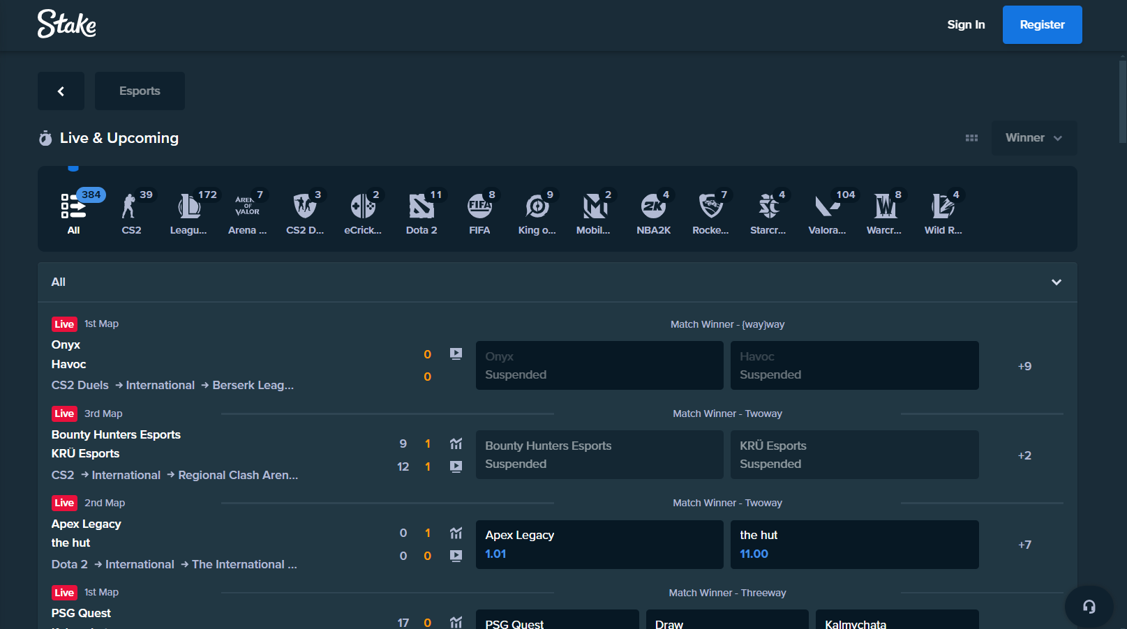 Esports games on Stake bookmaker