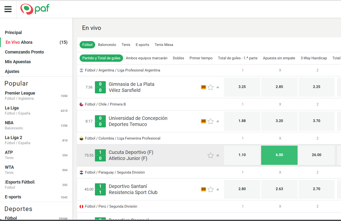 Deportes para apostar en directo en Paf