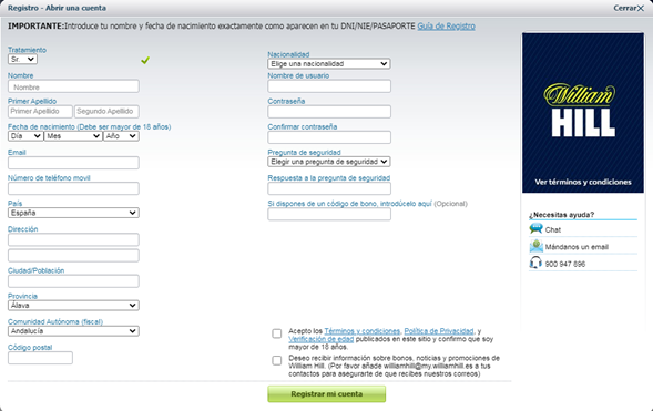 Formulario de registro William Hill