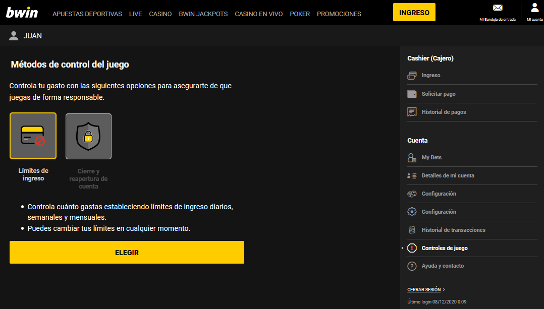 configuración cuenta Bwin