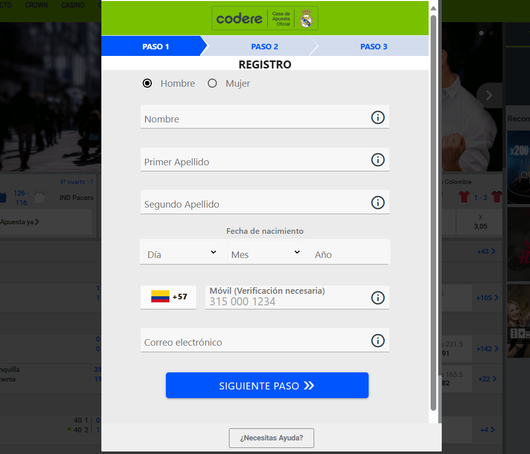 formulario para registrarse en codere para jugar aviator