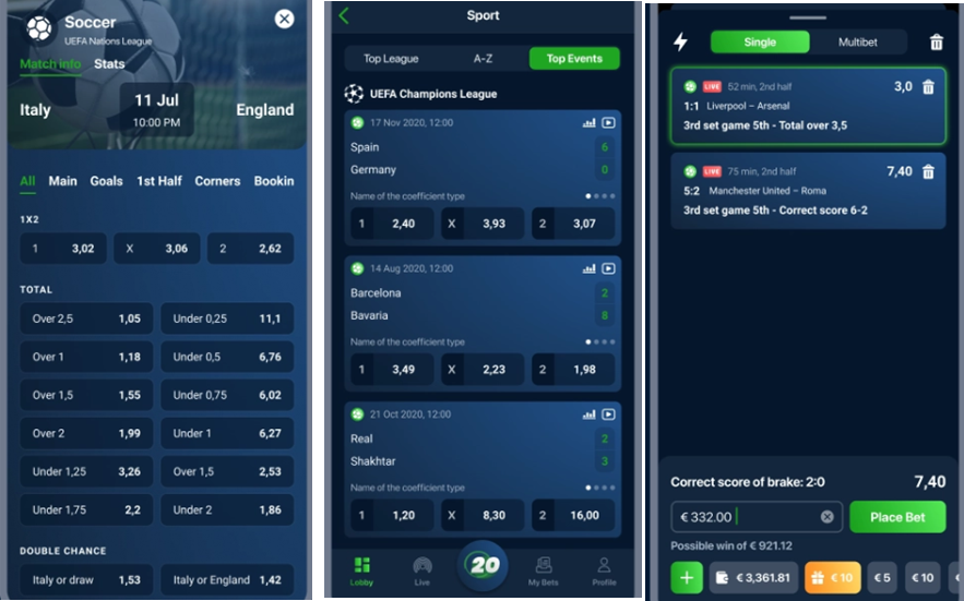 Tres screenshots de 20Bet app para iOS