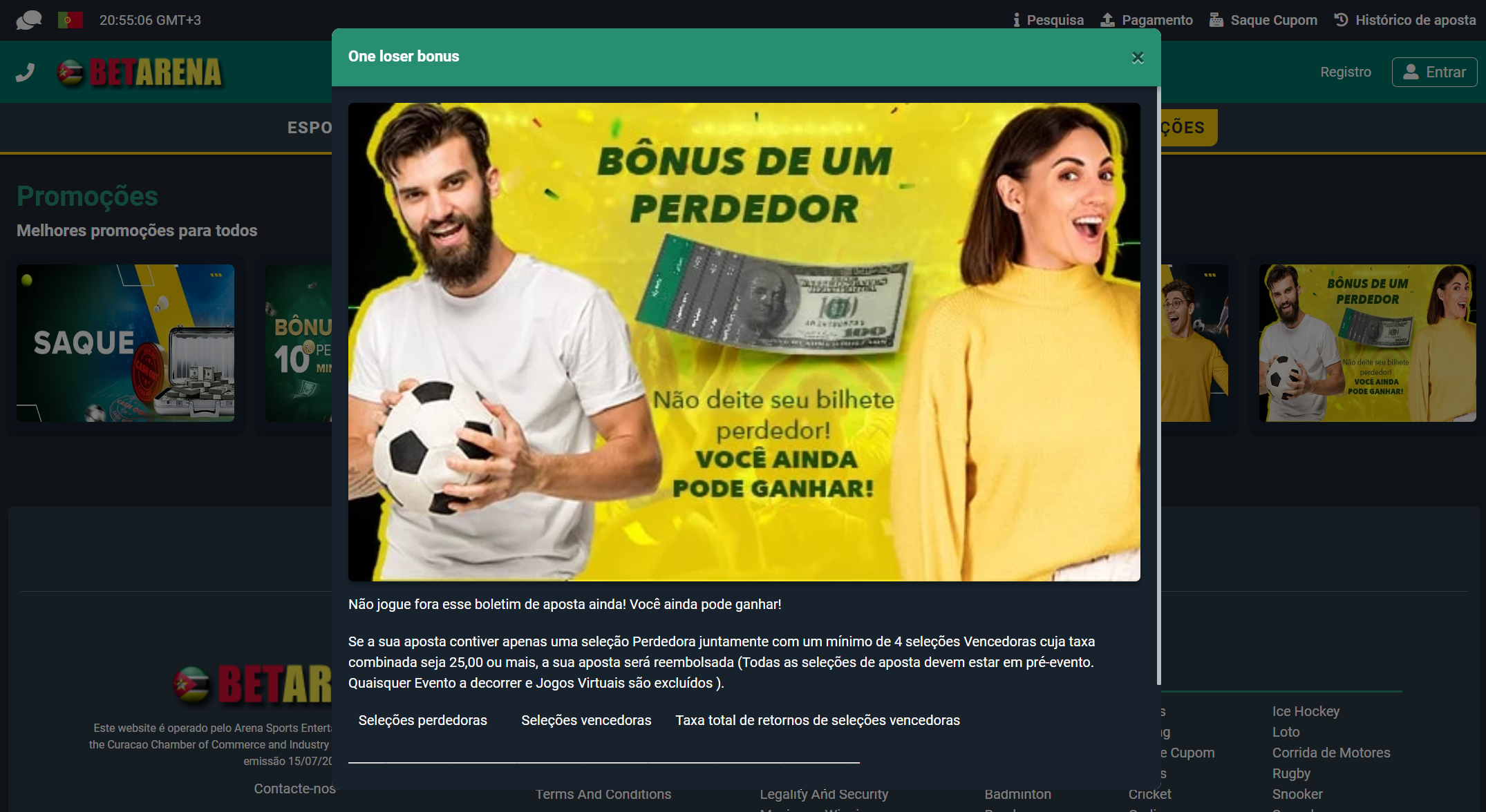 Secção promocional na versão web da BetArena