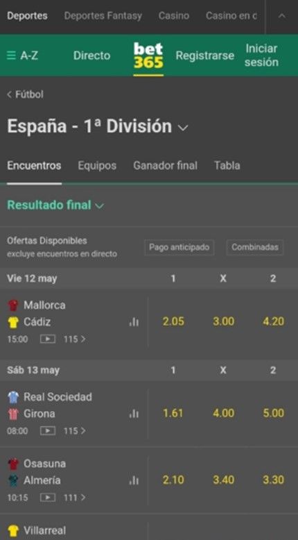 Versión actual de la app Bet365 para iOS