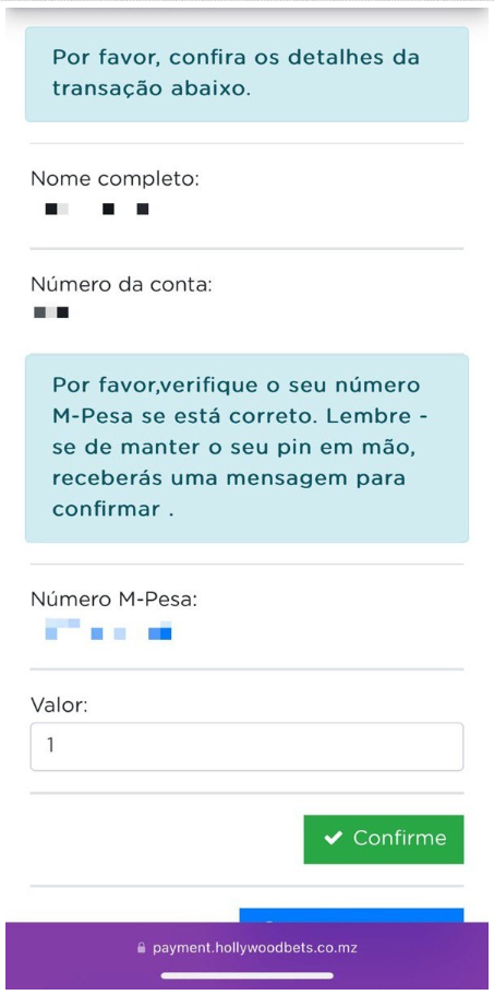 Confirmação do depósito da Hollywoodbets Moçambique