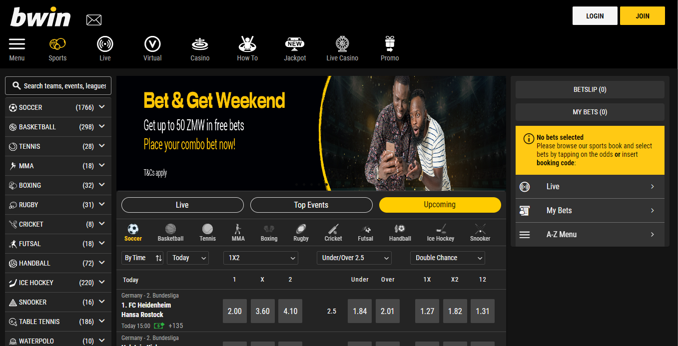 Bwin Zambia landing page.