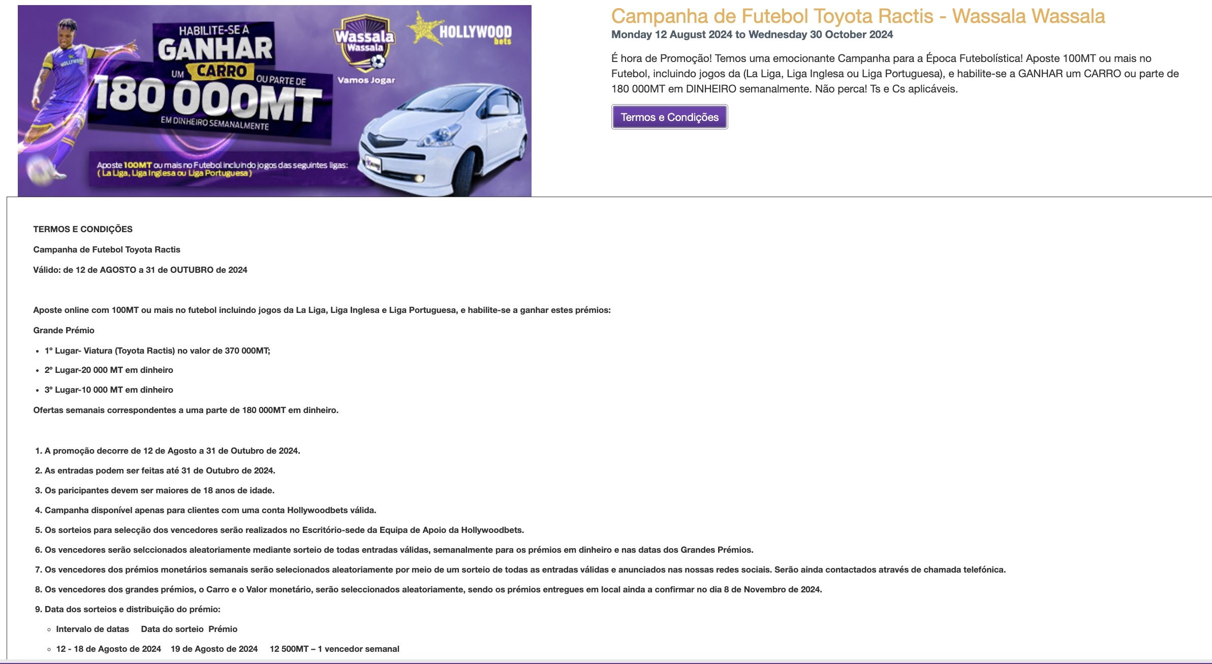 Página de promoções da Hollywoodbets