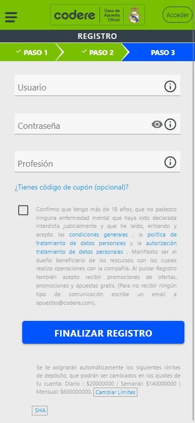 Sección de Registro de la página de Codere