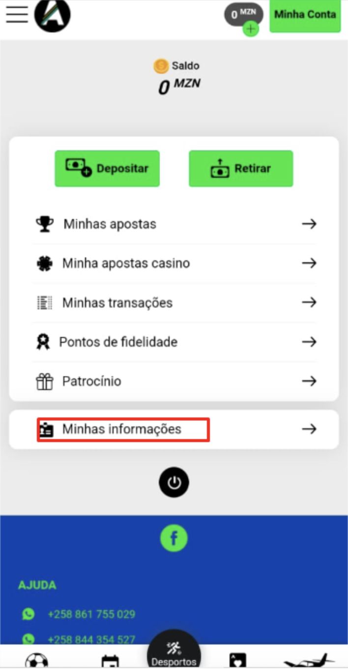 Página de informações do utilizador da aplicação mobile Aposta258