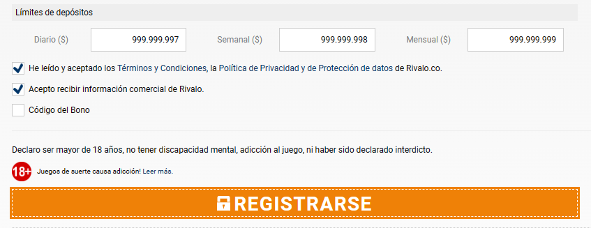 Pantalla de registro de Rivalo