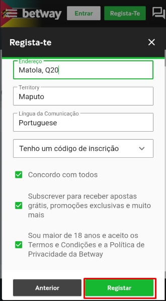 Página para inserir dados do utilizador