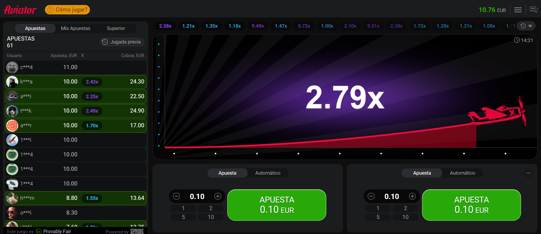 el juego de aviator de codere