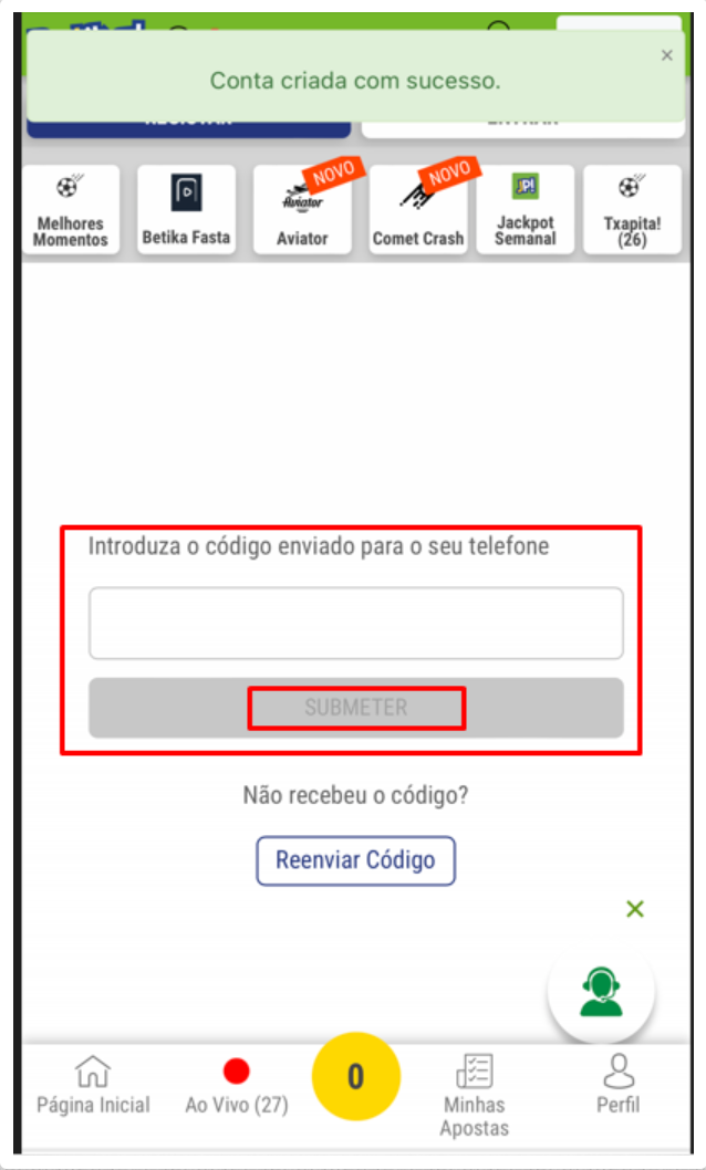 Página inicial após registar uma conta na Betika através da app