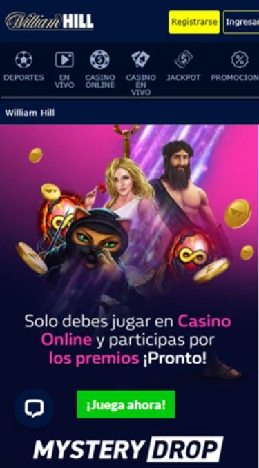 Tres de las principales secciones de la página principal de William Hill móvil