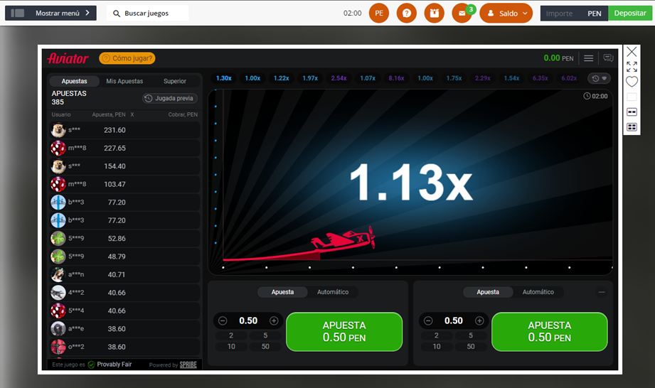 Se muestra la versión demo que Betsson posee de Aviator