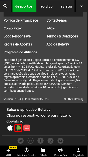 Página inicial da Betway mobile