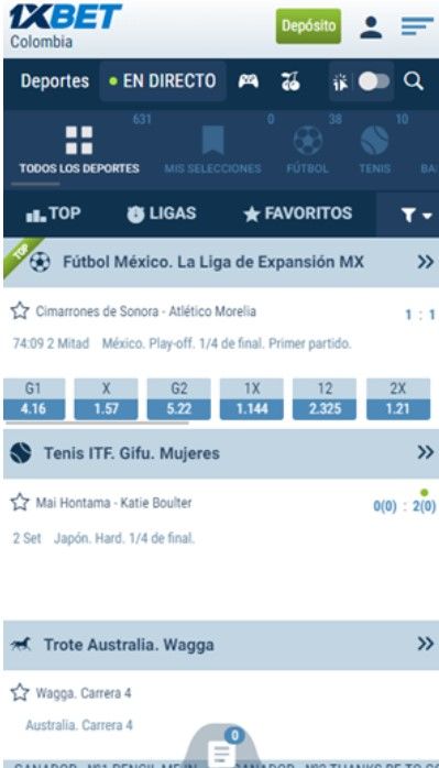 tres de las principales secciones de 1xbet móvil