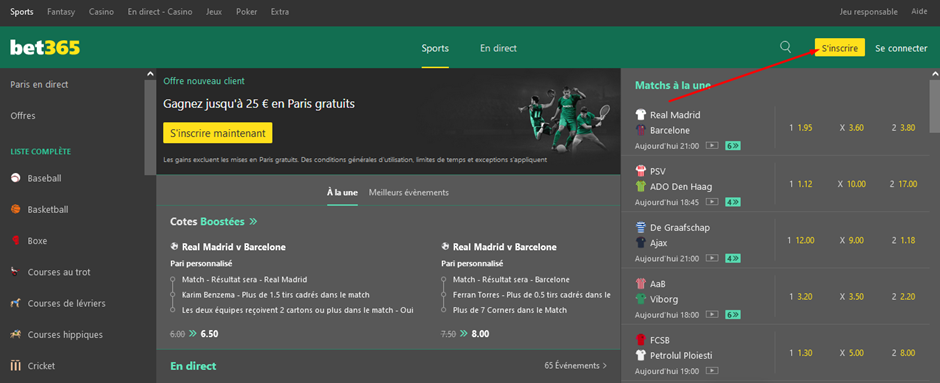 Image de la page d'accueil du site Bet365