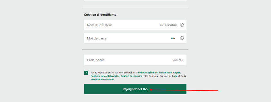 Image de la page de l’étape finale de l’inscription sur Bet365