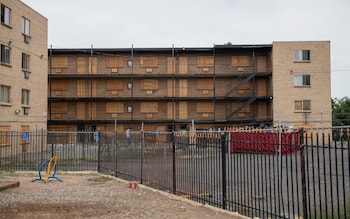 A boarded-up apartment block in Aurora, Colorado