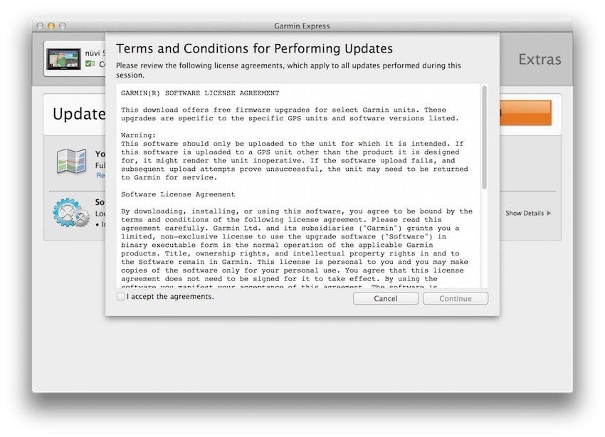 Garmin Express EULA Click-through example