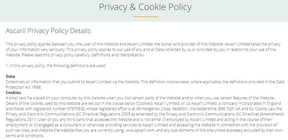 Ascarii combines a Privacy and Cookie Policy