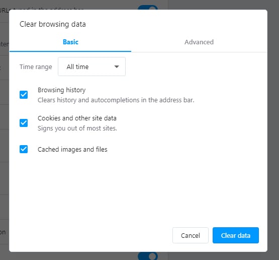 Opera: Clear browsing data - Basic