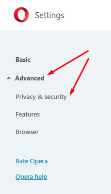 Opera Settings Menu: Advanced and Privacy and security options highlighted