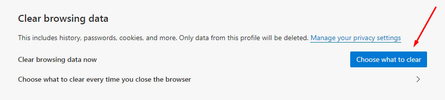 Edge Clear browsing data: Choose what to clear button highlighted