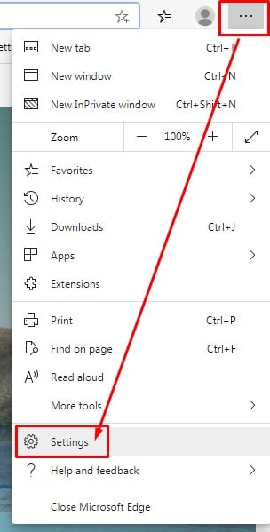 Edge menu: Settings option highlighted