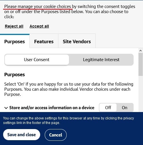 The Guardian Cookie Consent Notice: Manage cookies options screen