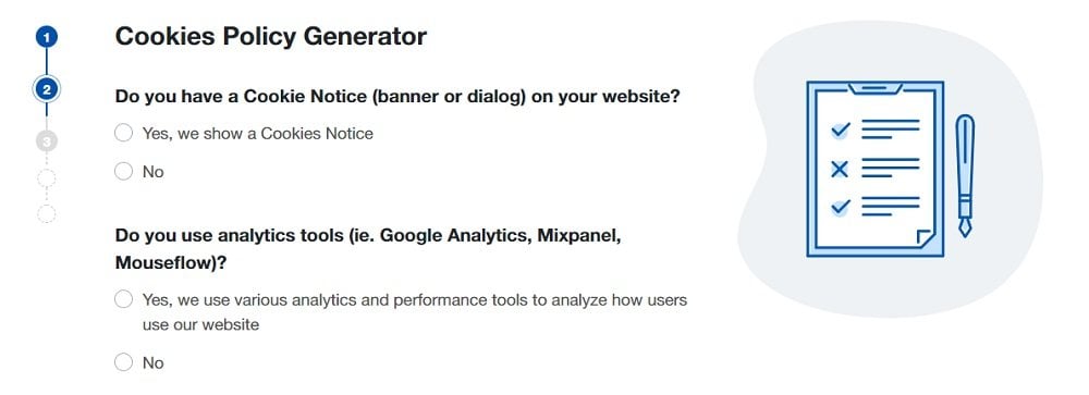 TermsFeed Cookies Policy Generator: Answer questions about business - Step 2