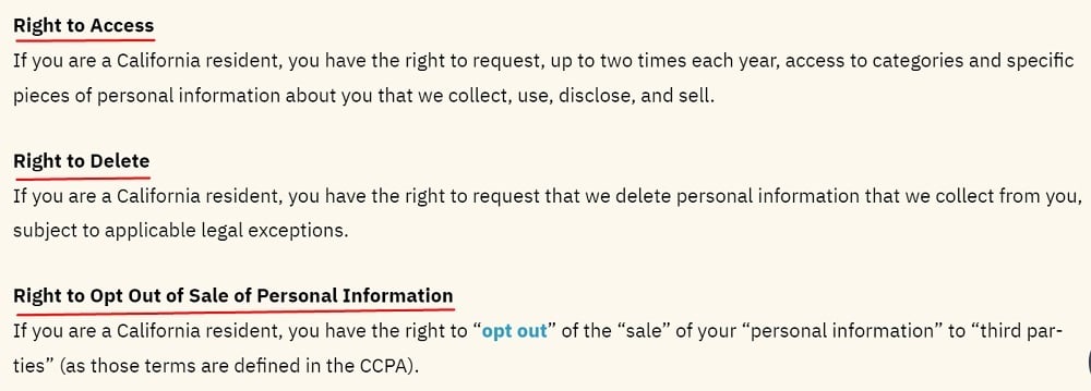 Walt Disney California Privacy Rights: Your Rights - Access, delete and opt out of sale clause