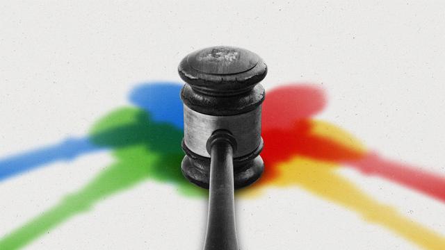 A gavel casts blue, green, red, and yellow shadows.