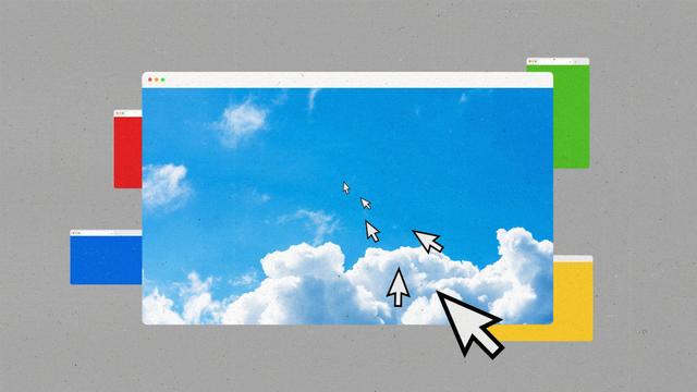 Cursors flying into a large browser window with an open sky, blocking smaller windows colored in red, blue, green and yellow.