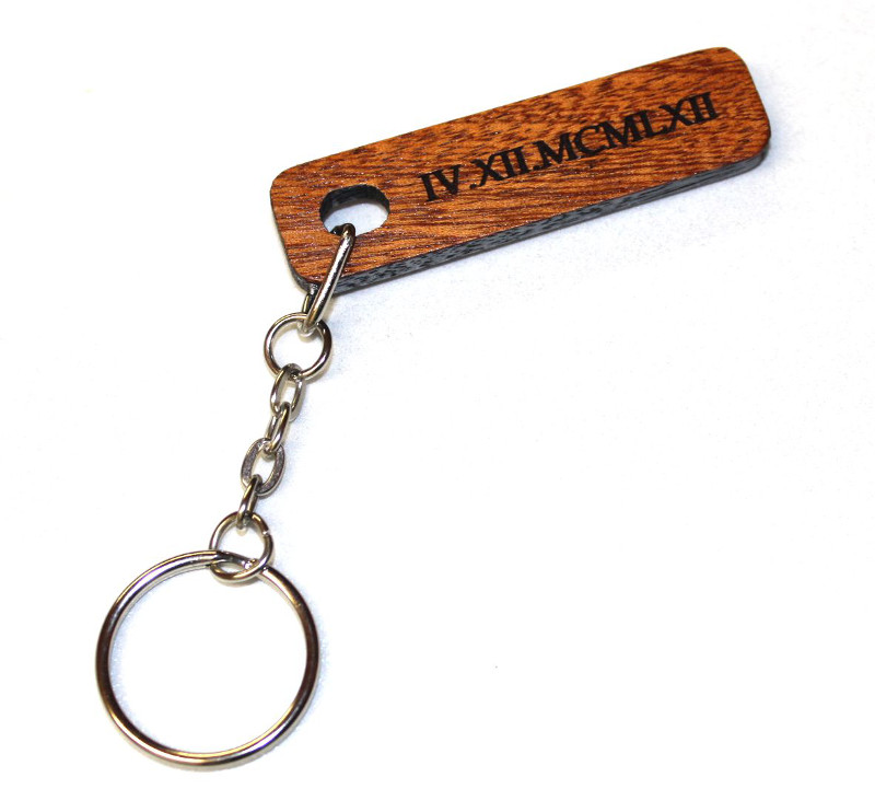 Roman numeral date Keyring made from mahogany