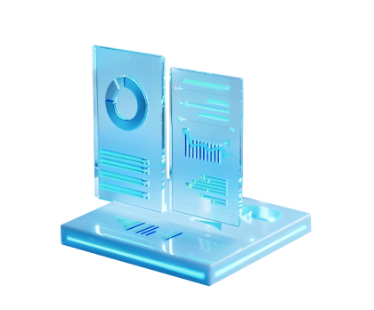 A 3D illustration of two transparent screens displaying digital data visuals, including a pie chart and bar graphs, standing on a glowing base. The color scheme is primarily blue with neon accents.