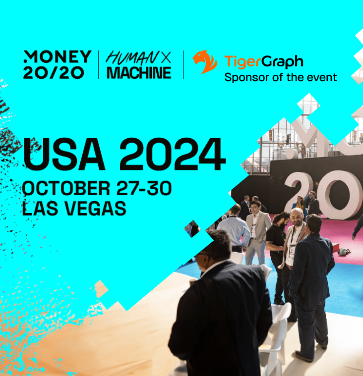 Event poster for Money 20/20 USA 2024 in Las Vegas, October 27-30. The image features a mix of graphics and a photo of people at a conference. TigerGraph is noted as the event sponsor.