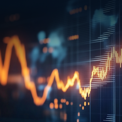 A glowing orange financial graph with fluctuating lines on a dark background. The lines depict market trends with peaks and valleys, indicating changes in data over time. The foreground is sharp, while the background blurs into abstract shapes.