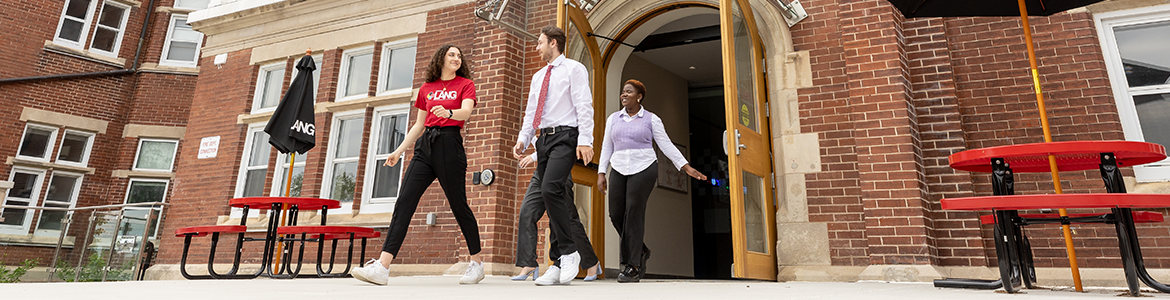 students walking out of a building, macdonald hall