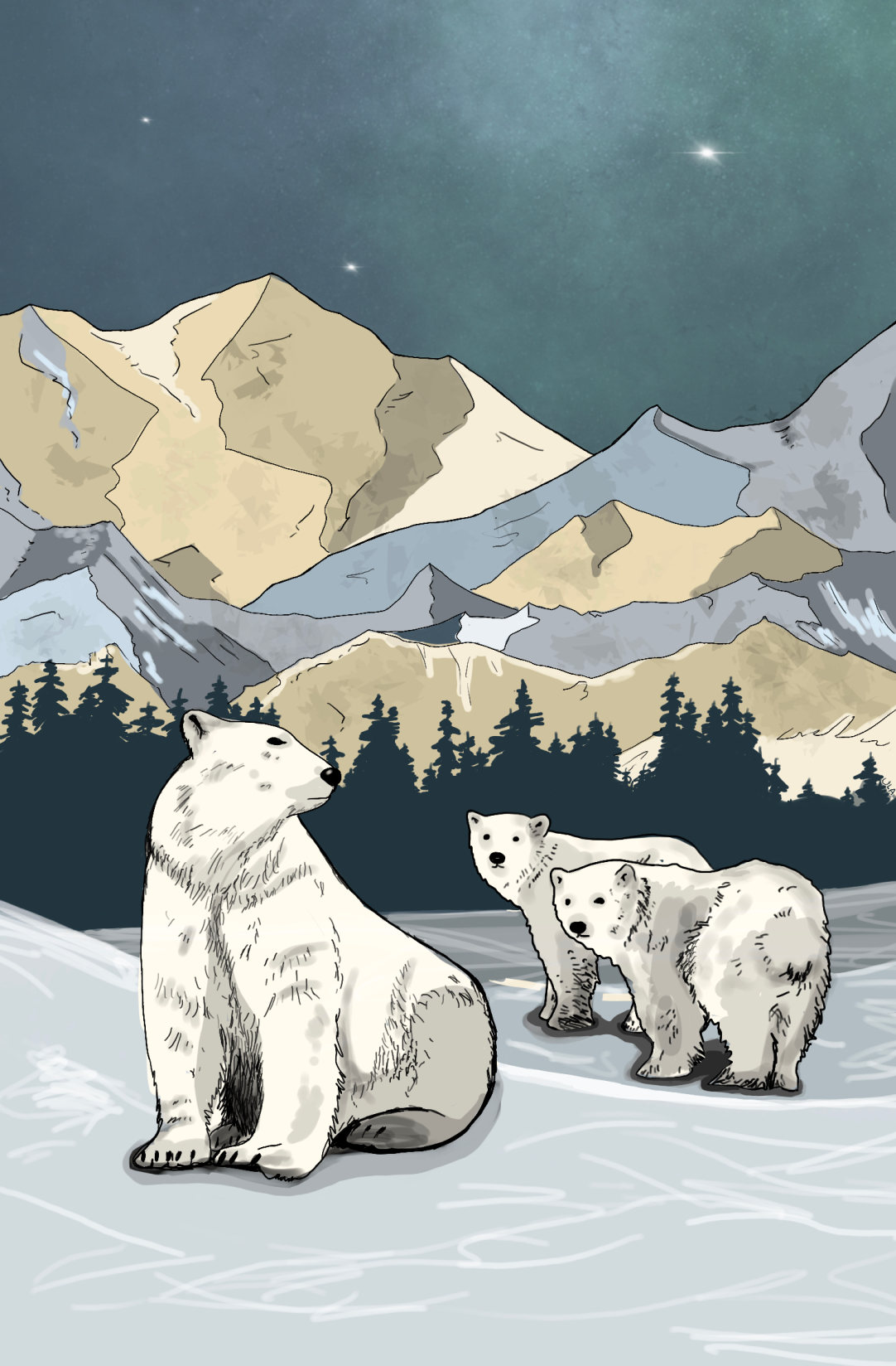 A drawing of a polar bear and two cubs in the snow set in front of a mountain backdrop at night was selected as the next UAF sustainable parking decal design.