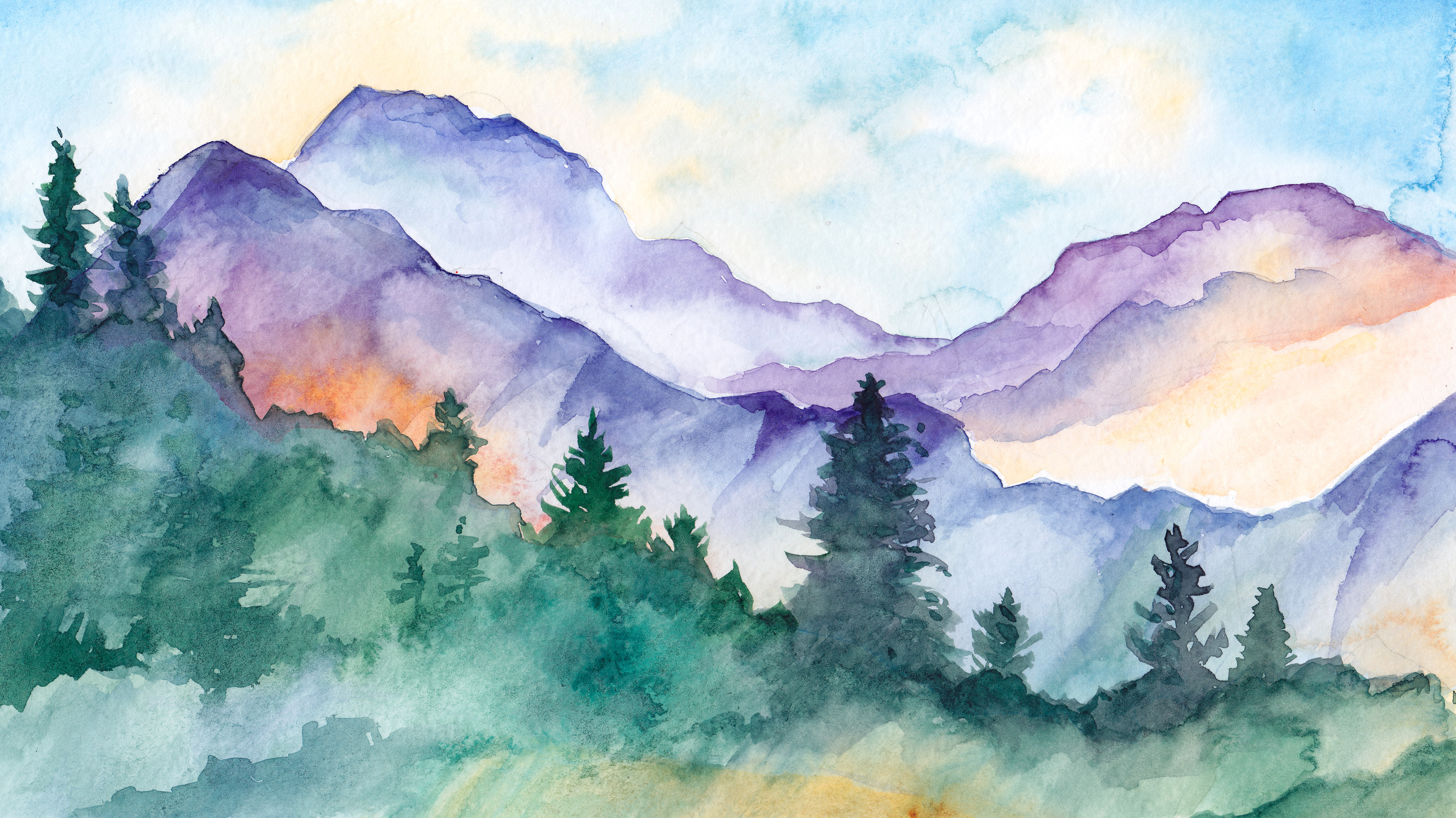 Watercolor paining of blue mountains with green trees.