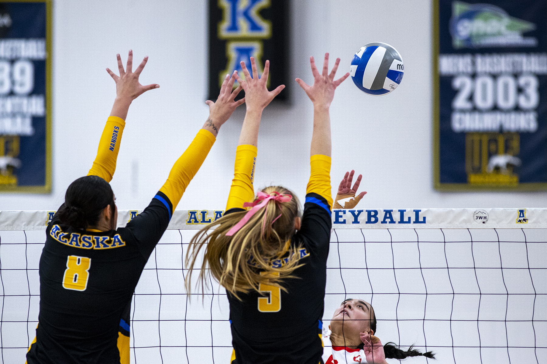 The Nanooks volleyball team plays Simon Fraser University in an Oct. 21, 2023, matchup where the UAF won 3-1 over SFU.